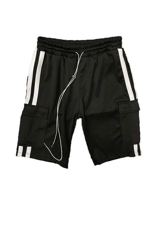 Two Stripe Cargo Pouch Shorts with elastic waist and side cargo pockets.